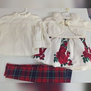 Floral Dress with Red Plaid Leggings and Cream Jacket